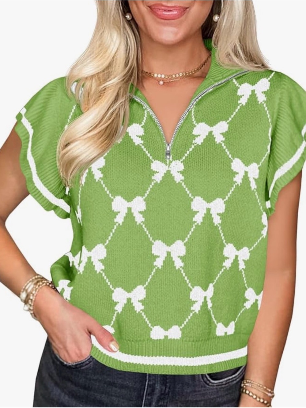 Green Bow Knit Zip-Front Sweater Top